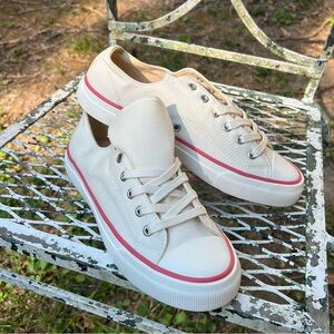 P.F. Flyers Cream Canvas Sneakers with Pink Trim